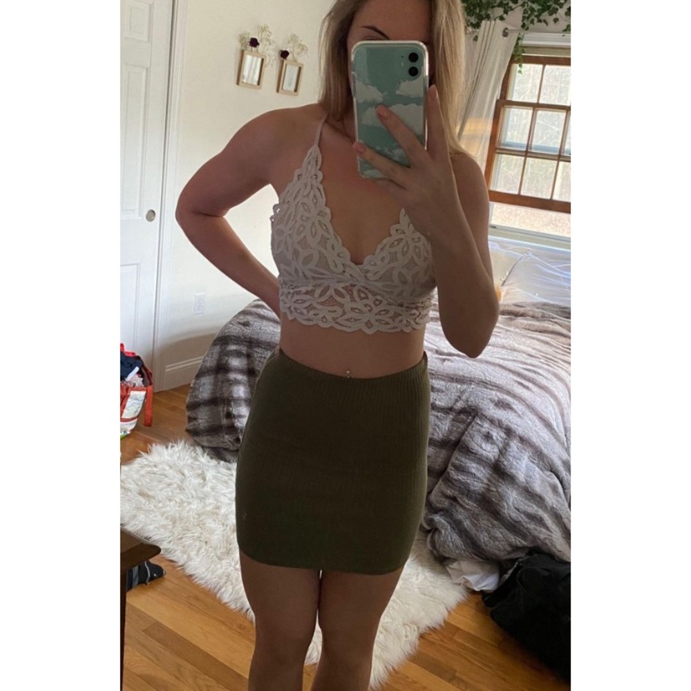 Olive Green Ribbed Pencil Skirt